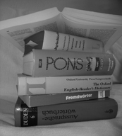 ein Stapel verschiedener Wörter- und Sprachenbücher